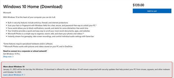 微软将在1月31日后停止销售Windows 10数字许可证