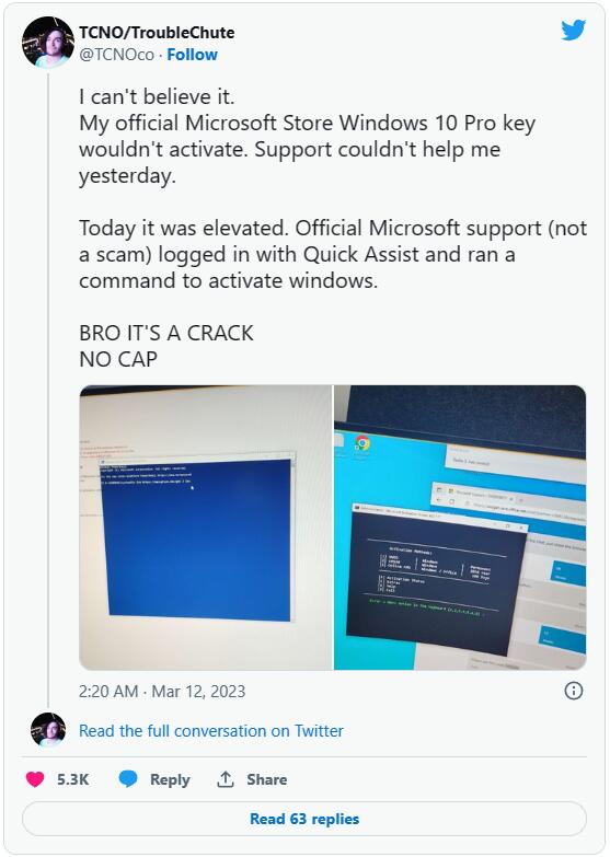 有用户称用盗版脚本洗白了他们的Windows 10