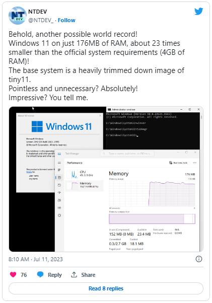 Tiny11开发者发帖证明Windows 11 Mod仅需176MB内存即可运行