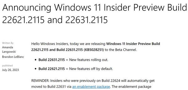 Windows 11 Beta版KB5028251补丁发布：修复CPU错误、SMB I/O问题、重复重启等问题