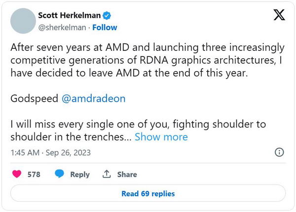 AMD图形业务部门主管Scott Herkelman将于2023年底离职