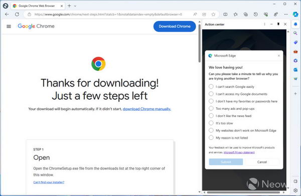 微软现在希望安装 Google Chrome 浏览器前先填写调查问卷插图