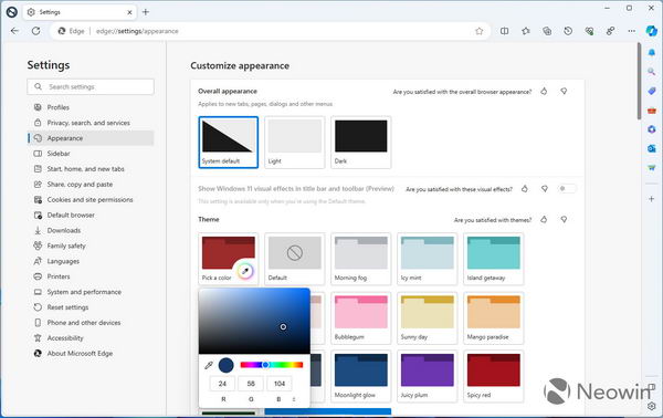 Microsoft Edge Canary 开发版如何自定义颜色创建主题