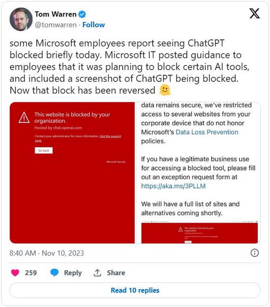 由于安全问题 - 微软暂时禁止员工访问 ChatGPT插图1