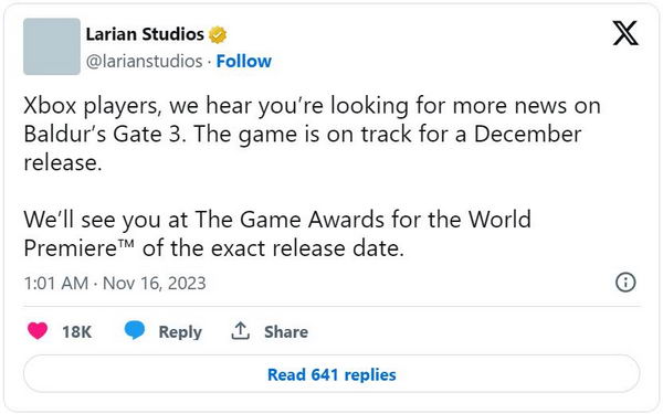 《博德之门3》Xbox 版发售日期将在游戏奖颁奖典礼上公布插图1