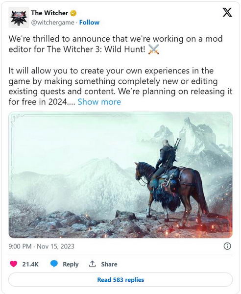 《巫师3：狂猎》将于2024年为PC玩家提供官方修改工具插图1