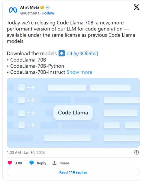 Meta 发布功能更强大人工智能 AI：Code Llama 70B插图1