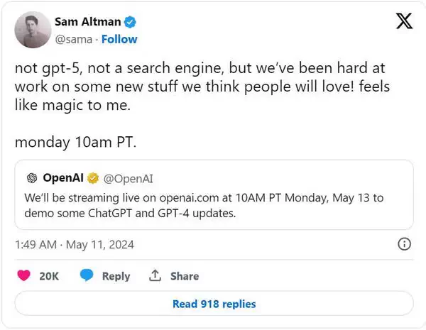 山姆-奥特曼（Sam Altman）驳斥了关于将于 5 月 13 日发布搜索引擎的传言